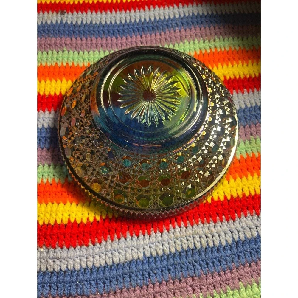 Vintage  Glass Blue Iridescent Carnival Glass Button and Cane  Salad Bowl